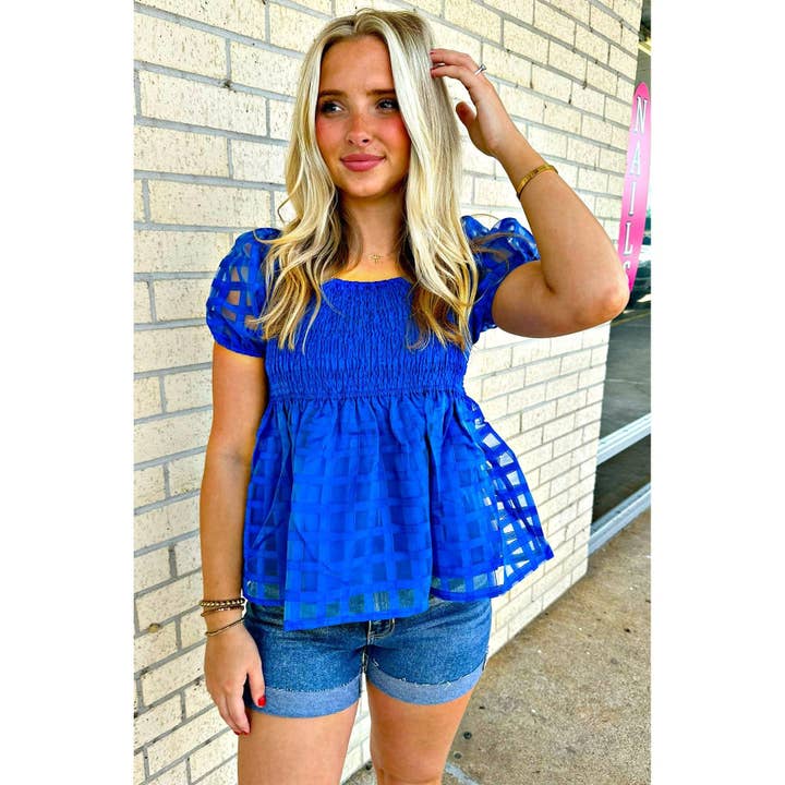 Blue smocked top (on or off the shoulder) for wholesale by Gabriel Clothing Co
