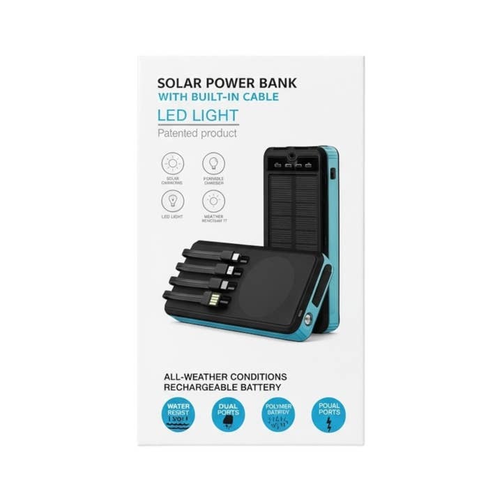 10000mAh Waterproof Solar Power Bank,Led and 4Built-in Cable for wholesale by Mighty Wireless