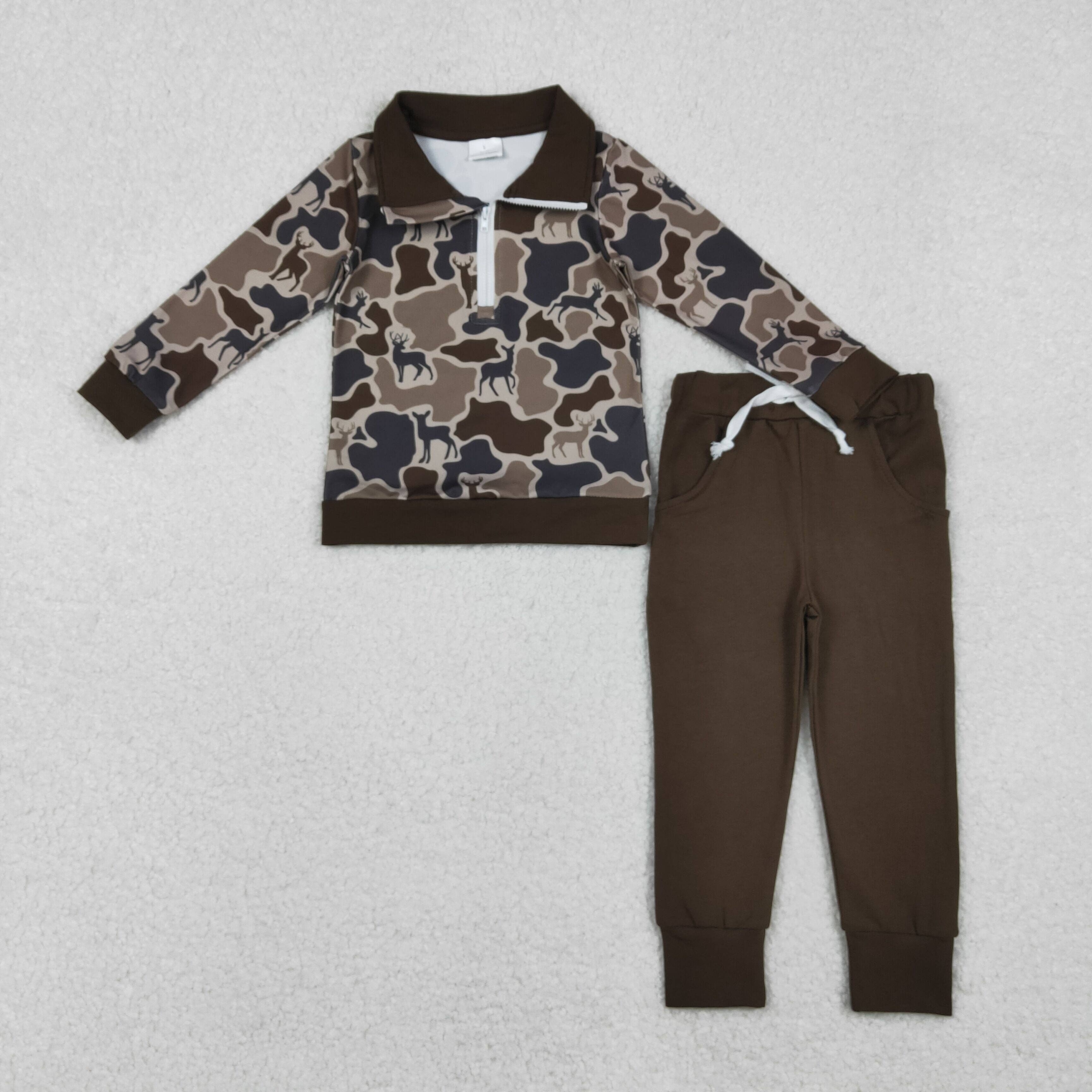 Aier Wholesale - Wholesale Top & Pant Set - Kids - Baby Boys Deer Camo Zipper Pullovers Pockets Jogger Hunting Clothes Sets0
