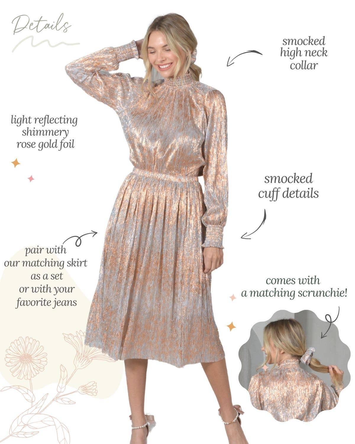 Or rose Blouse plissée à col montant et chouchou en or rose métallisé en vente sur Faire8