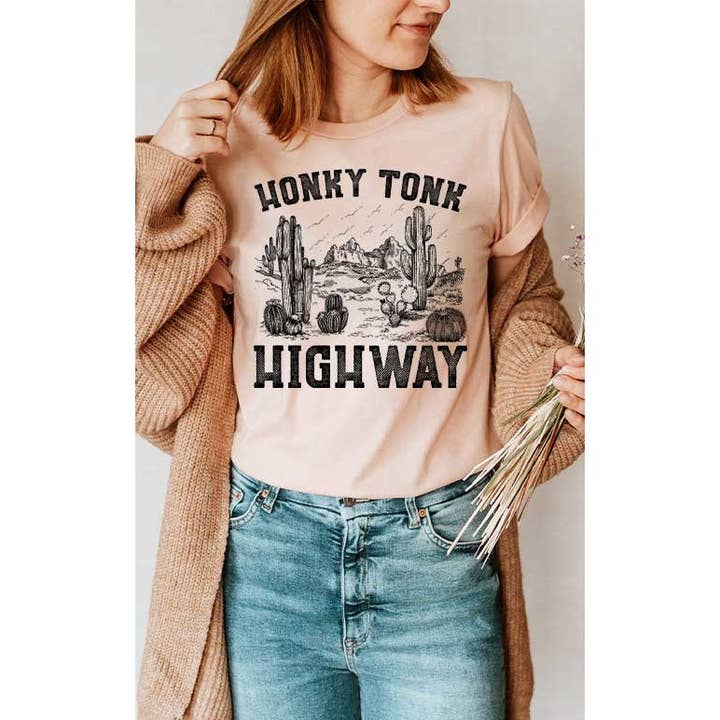 Retro T-shirt van Honky Tonk Highway, Desert Country Western Graphic voor wholesale door Select Apparel