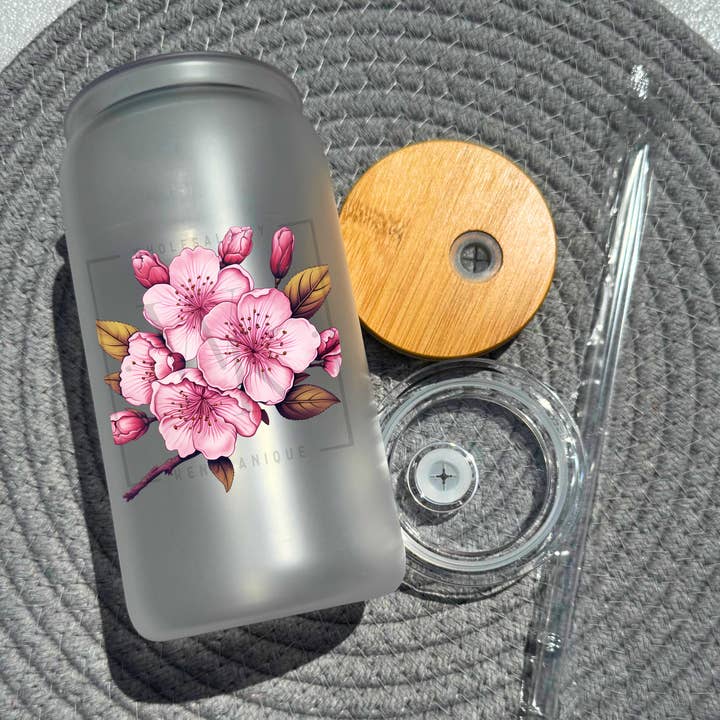 Copo de vidro de 16 oz com tampa de bambu e palhinha - Flor de Cerejeira (UV172) por atacado de Wholesale By Kendranique