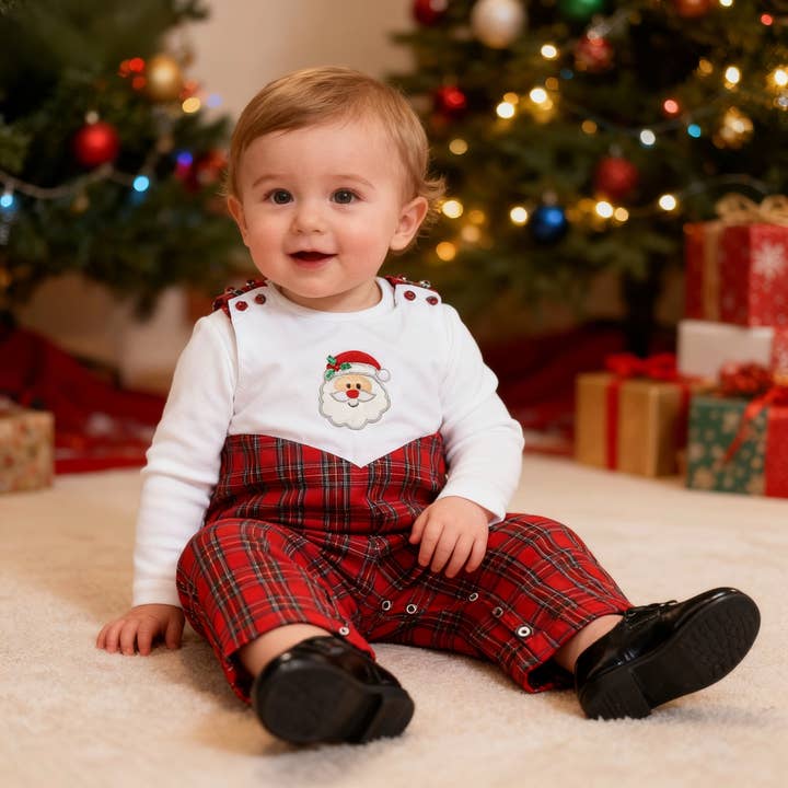 Red Christmas Plaid Santa Yoke Overalls for wholesale by Lil Cactus