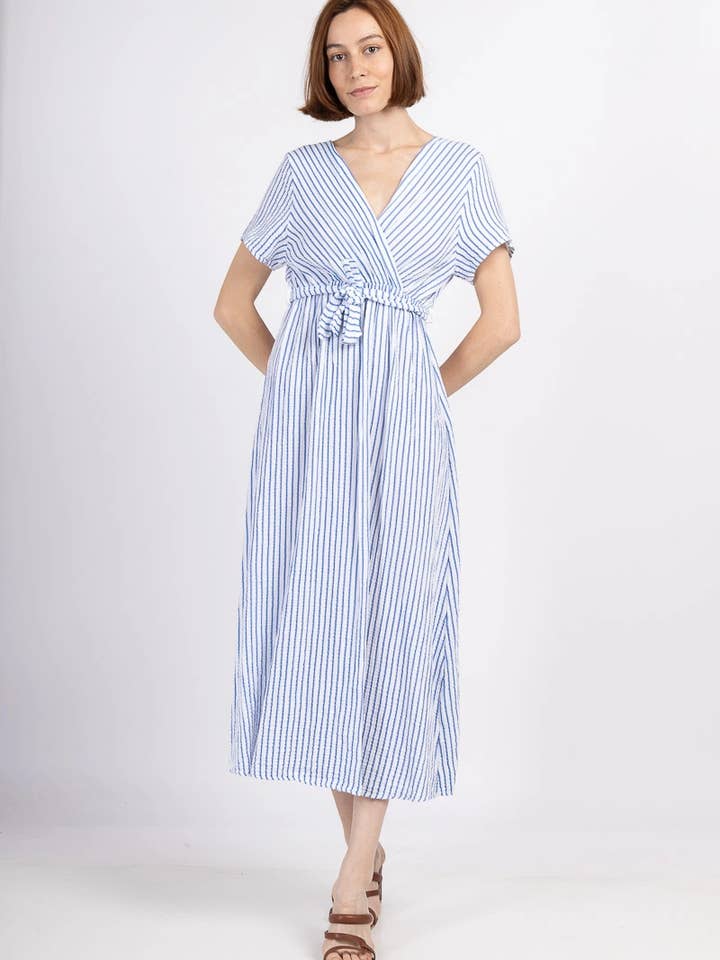 Vestido comprido cache-cœur às riscas em gaze de algodão @184270_RLR por atacado de Mimi & Gogo