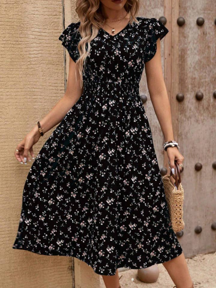 V-neck Waist Ruffle Sleeve Printed Dress for wholesale by Wholesalesir