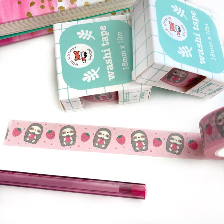 Strawberry Sloth Washi Tape. Animal Stationery. Fruit Tape for wholesale by Wild Whimsy Woolies
