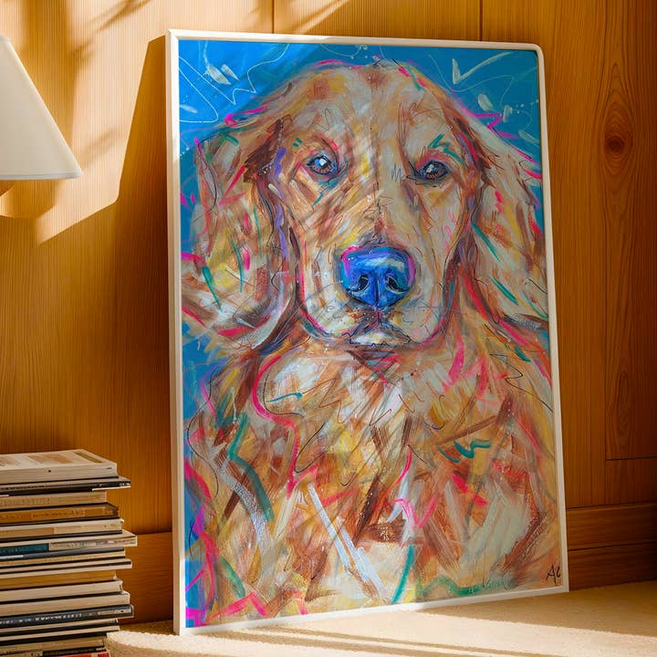 Golden Retriever Dog Art Print, Pet Art, Maximalist Art, Dopamine Decor, Trendy Colorful Wall Poster for wholesale by Audra Style