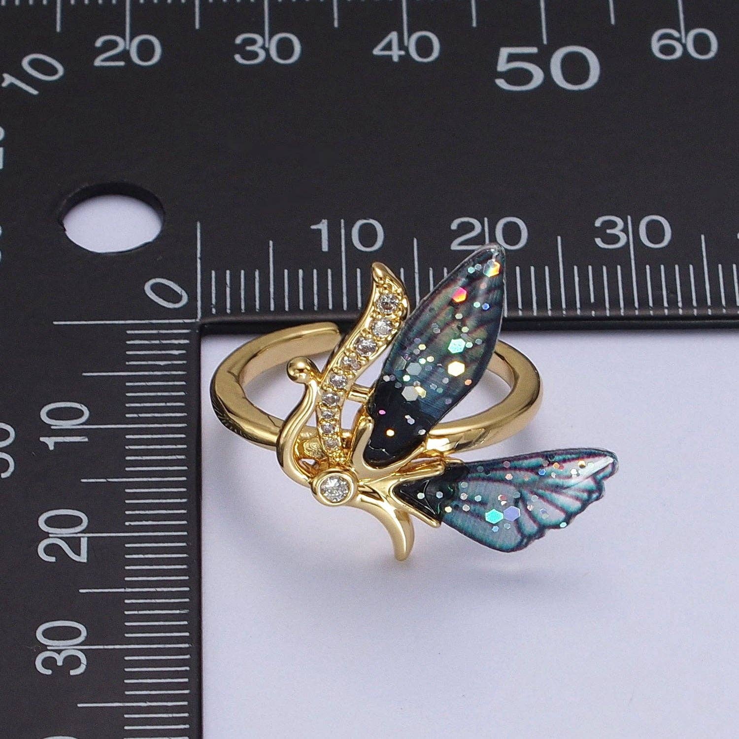 Aim Eternal - Wholesale Ring met meerdere stenen - Micro geplaveide antenne Butterfly Fairy Fuchsia, verstelbare ring met blauwe vleugels | Y398 Y3996