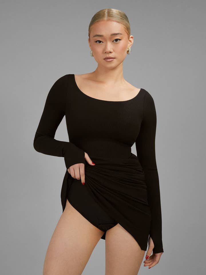 TA3 Swim - Wholesale Dress - Women's - Scoopy Long Sleeve Rib Mermaid Dress - Black