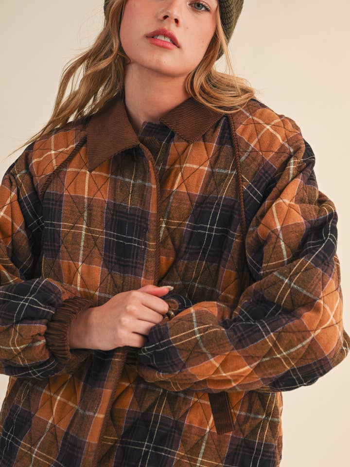 &MERCI - Wholesale Jacket - Women's - PLAID QUILTED JACKET WITH CONTRAST CORDUROY DETAIL MJK41155