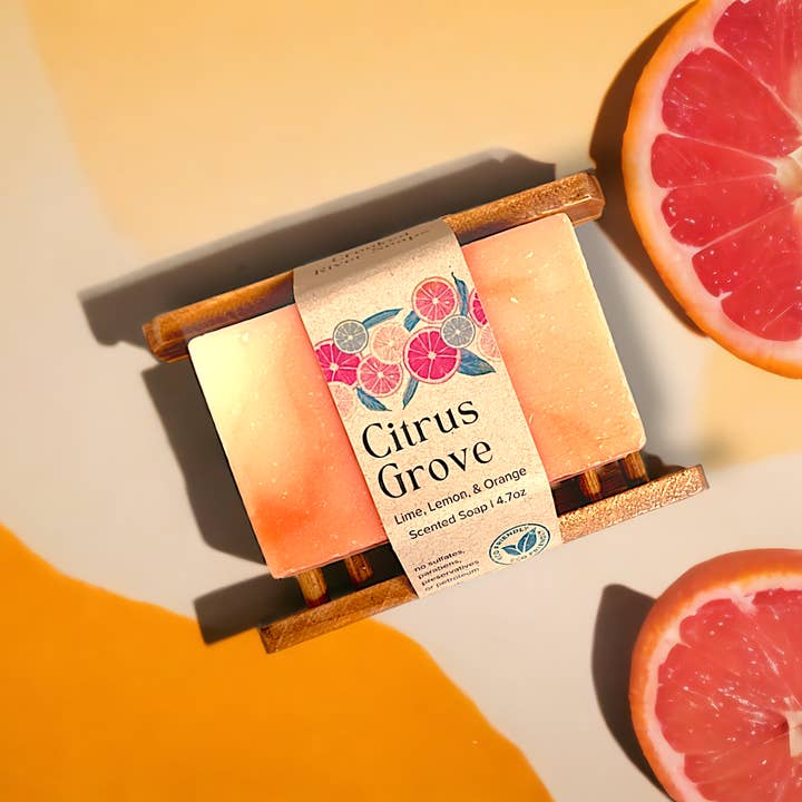Citrus Grove barsæbe med bambussæbesparer for engroshandel hos Crooked River Candle