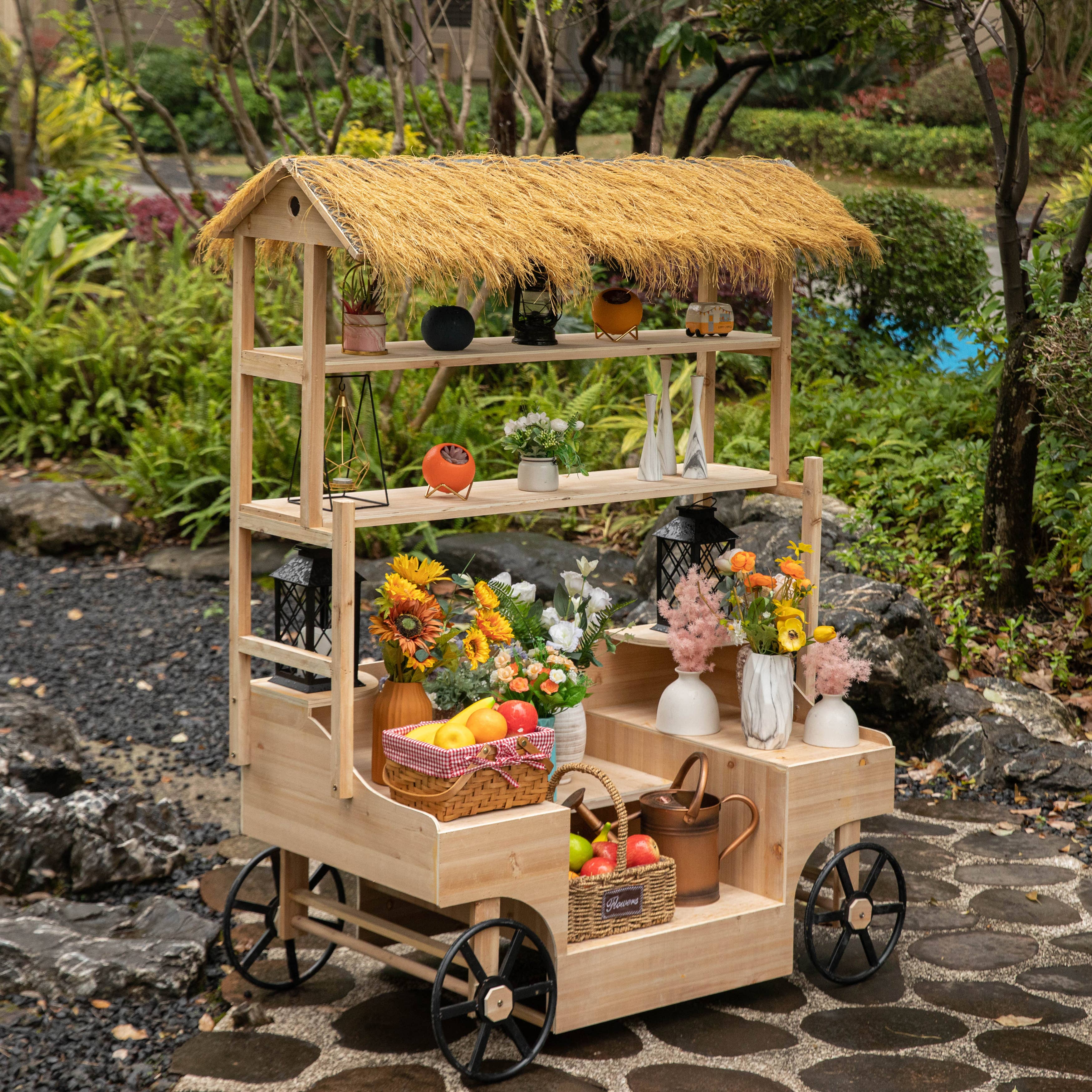 Quickway Imports - Wholesale Outdoor Ornament/Decor - Vintiquewise Versatile Multi-Tier Wooden Rolling Cart1
