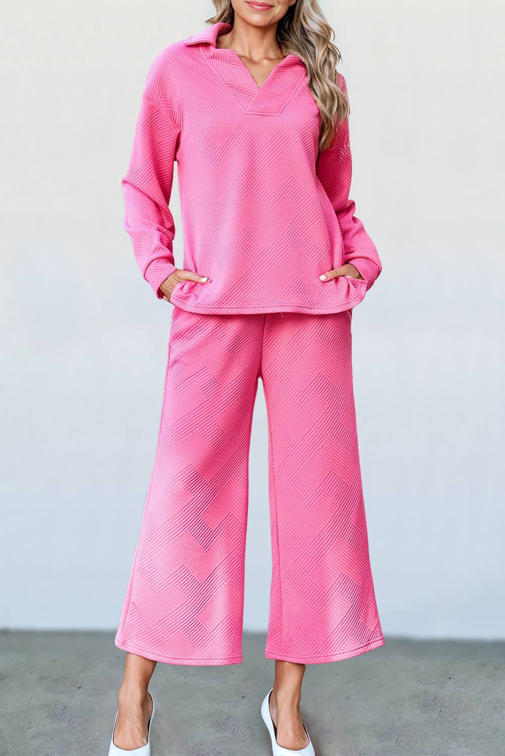 Aapparella - Wholesale Top & Pant Set (NOT Loungewear) - Women's - Textured Collared V Neck Top & Pants Set | S-XL1