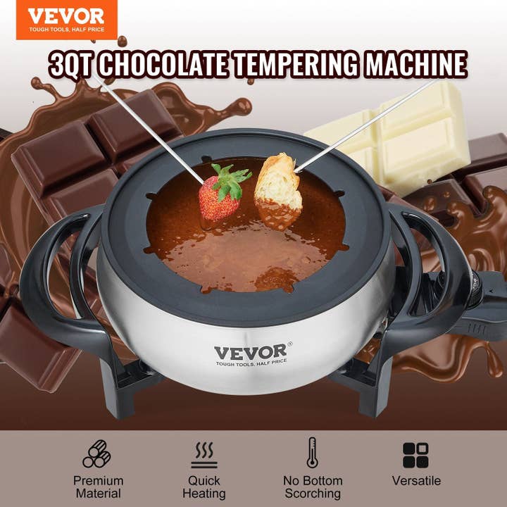 Hard Rock Health Stores - Wholesale Kitchen Appliance - Electric Fondue Pot Set for Cheese & Chocolate, 3 Quart Chocolate Melting Warmer, Stainless Steel Fondue Maker with Temperature Control and 8 Forks, for Hors d'Oeuvres, Entrees, and Desserts1