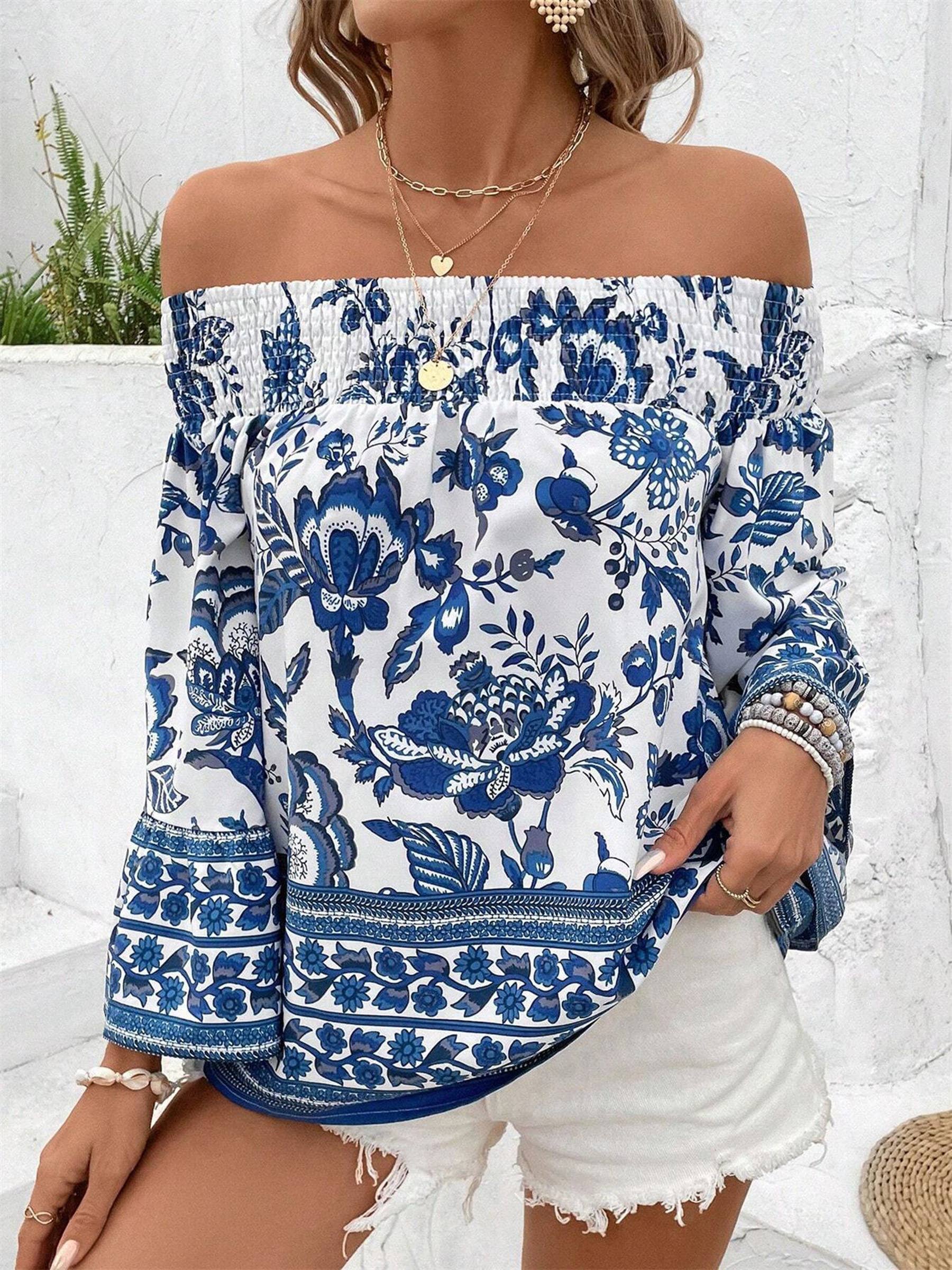 Blue One Shoulder Off Shoulder Floral Print Top for wholesale on Faire0