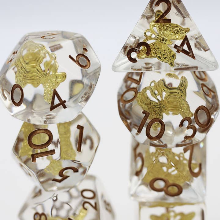 Gilded Butterfly RPG Dice Set for wholesale by Foam Brain Games