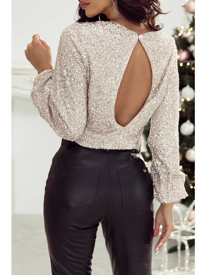Silvery Sequin Puff Sleeve Cutout Back Blouse for wholesale on Faire