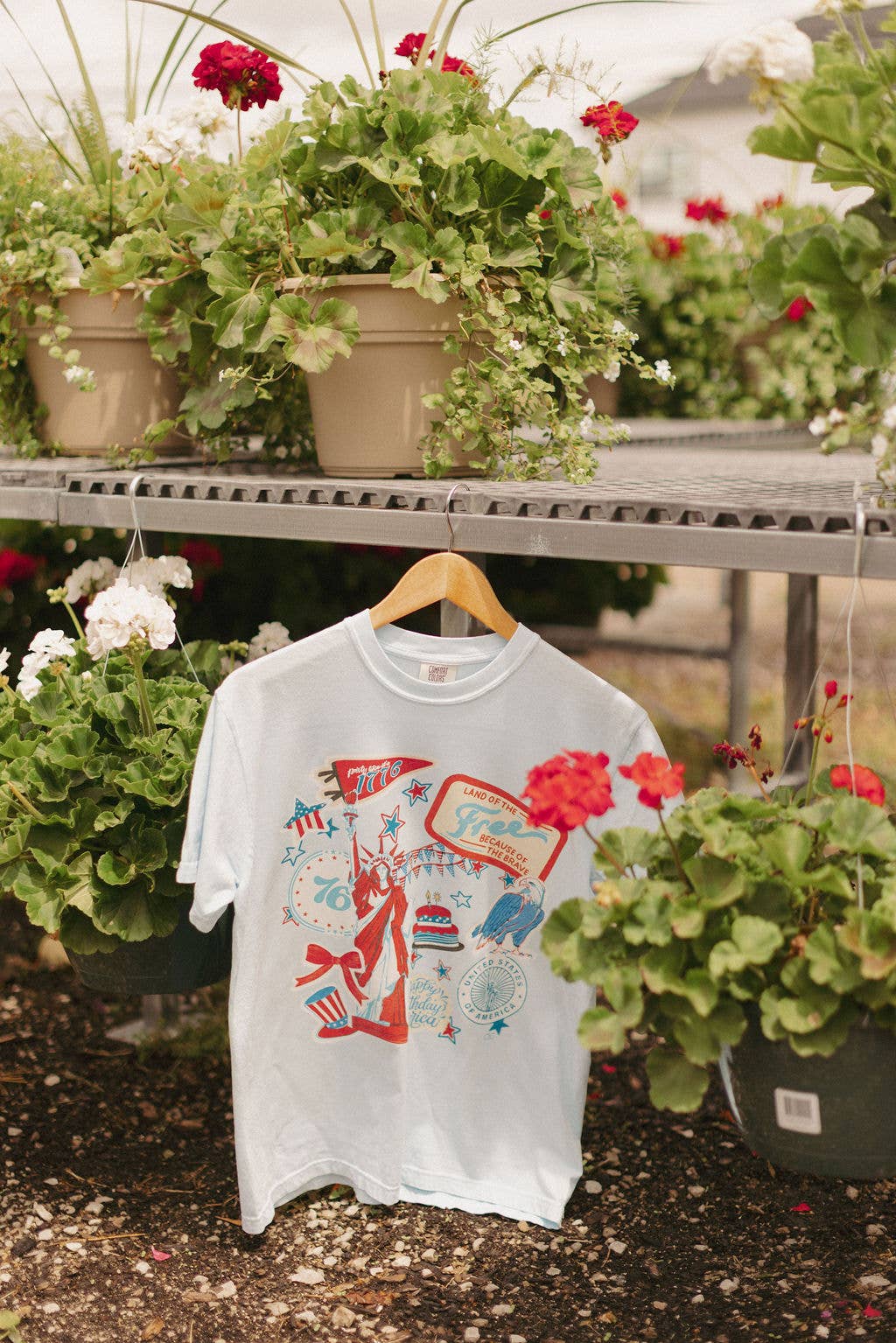 Whitney | Chaudoin Creations - Wholesale Screen Printed T-Shirt - Women's - USA STICKER PATCH TEE / 4th of July Graphic TEE0