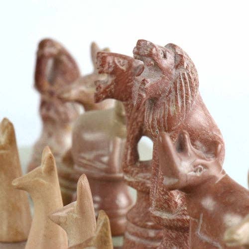 Global Crafts - Wholesale Board Game - Soapstone Hand-Carved Chess Set  in Box  - Safari Animal Pieces7