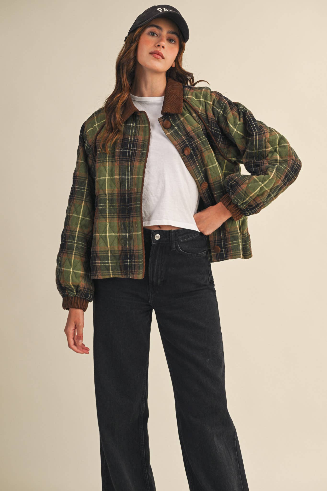 &MERCI - Wholesale Jacket - Women's - PLAID QUILTED JACKET WITH CONTRAST CORDUROY DETAIL MJK41159