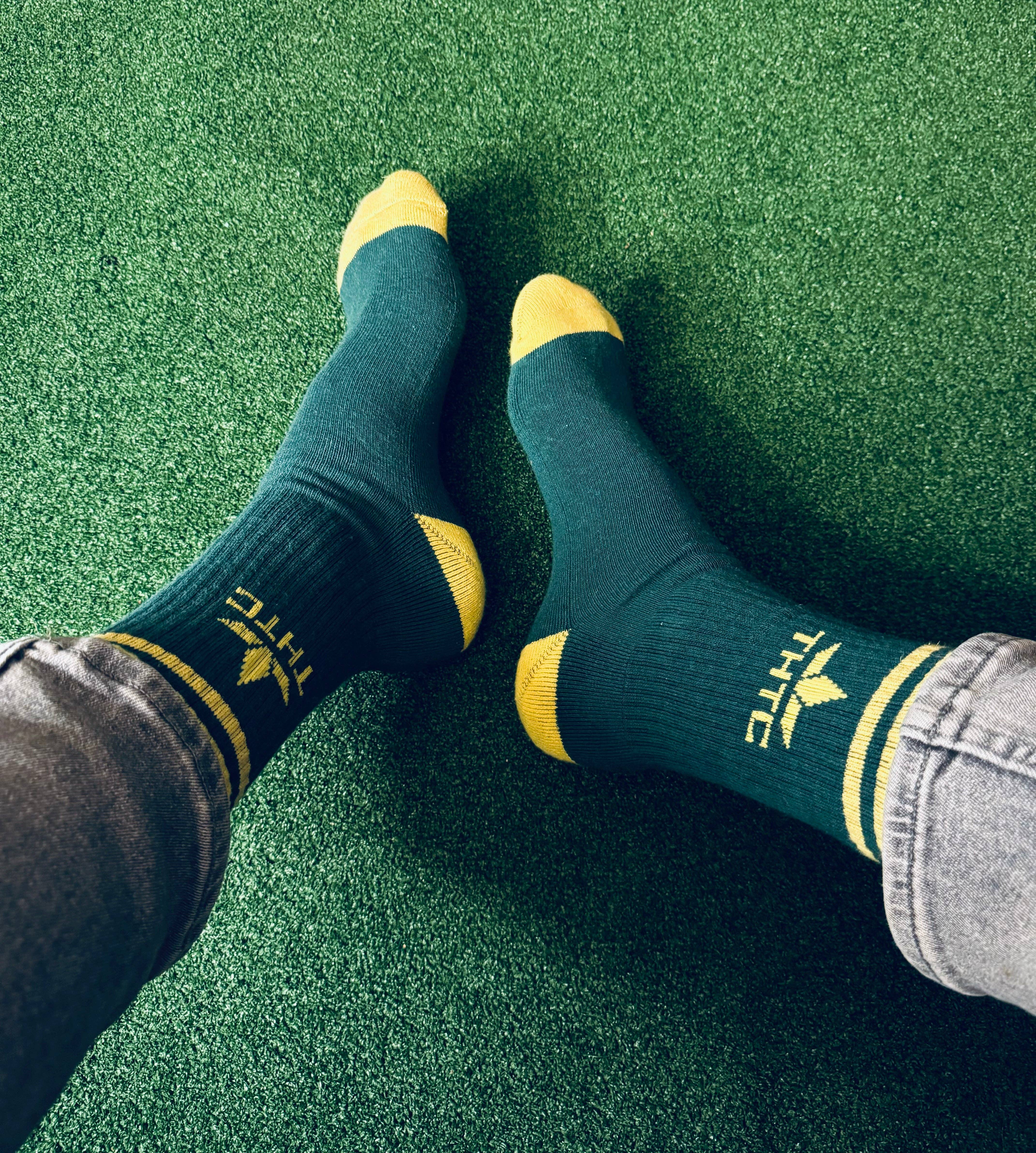 Bottle Green THTC logo Hemp Socks for wholesale on Faire4