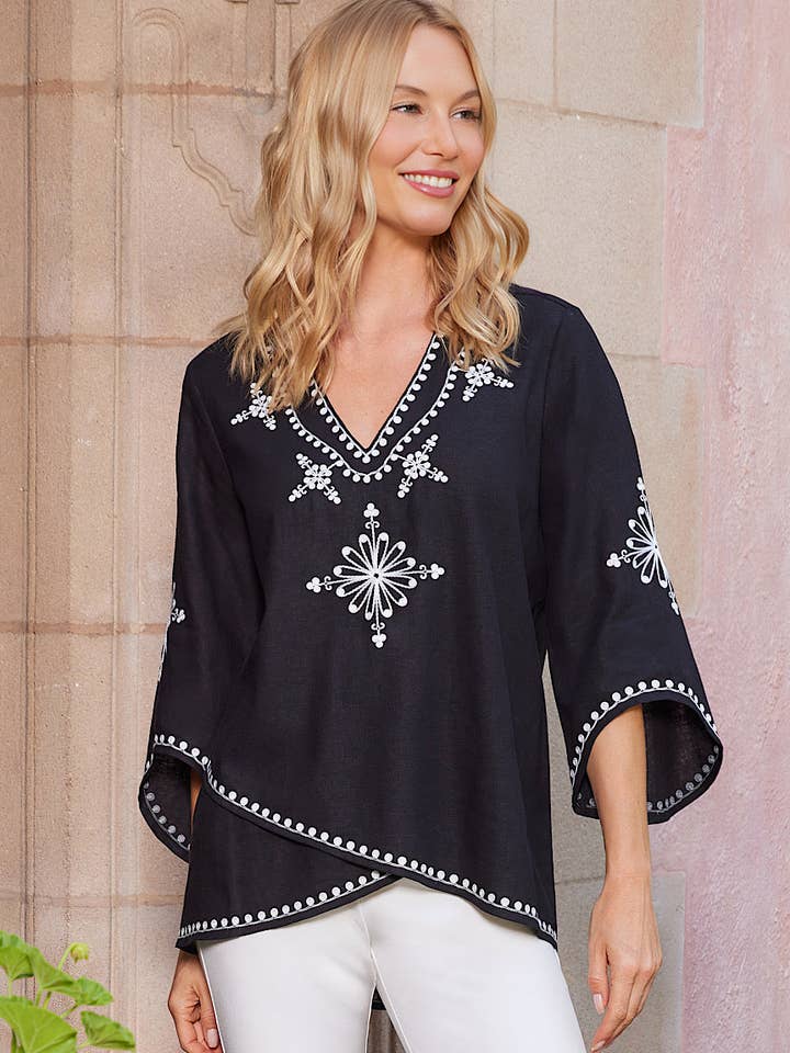 Bracelet Sleeve Embroidered Asymmetric Top for wholesale by Karen Kane