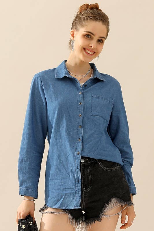 NINEXIS - Wholesale Button Down Shirt - Women's - CWTSTL088_DENIM CHAMBRAY BUTTON UP LONG SLEEVE TOP10