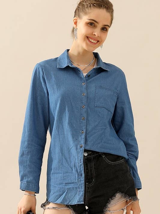 NINEXIS - Wholesale Button Down Shirt - Women's - CWTSTL088_DENIM CHAMBRAY BUTTON UP LONG SLEEVE TOP10