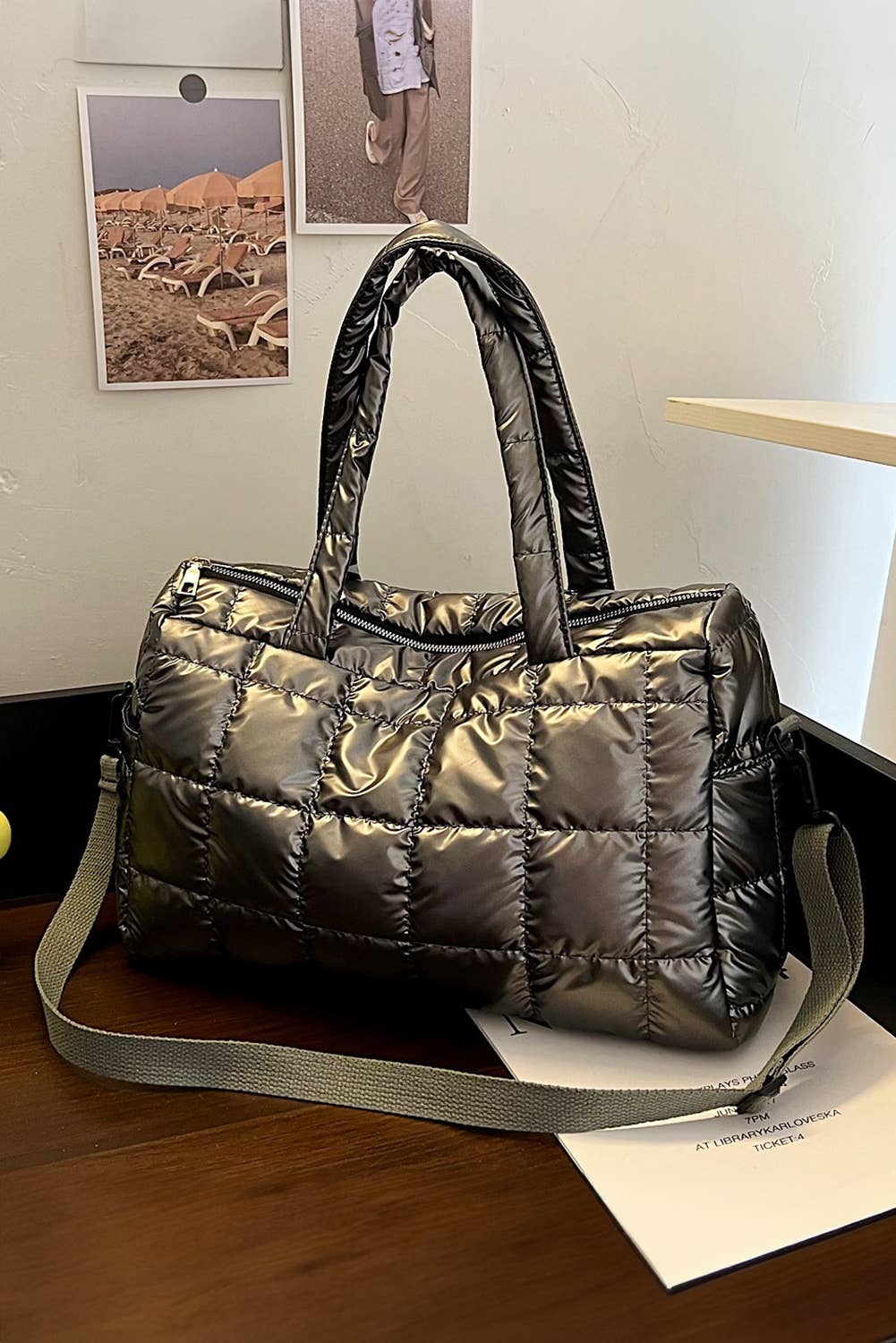 As shown Gold Chic Quilted Puffer Tote Bag for wholesale on Faire3