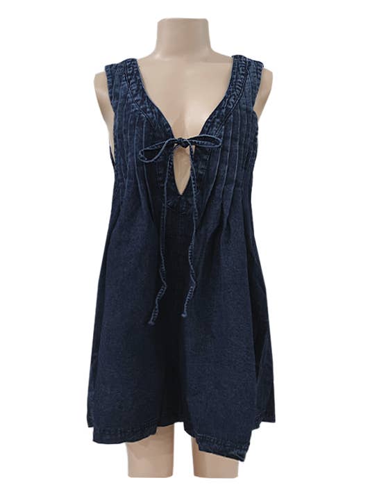Rosa Clothing - Wholesale Romper - Women's - V-Neck Lace-Up Sleeveless Denim Shorts Jumpsuit