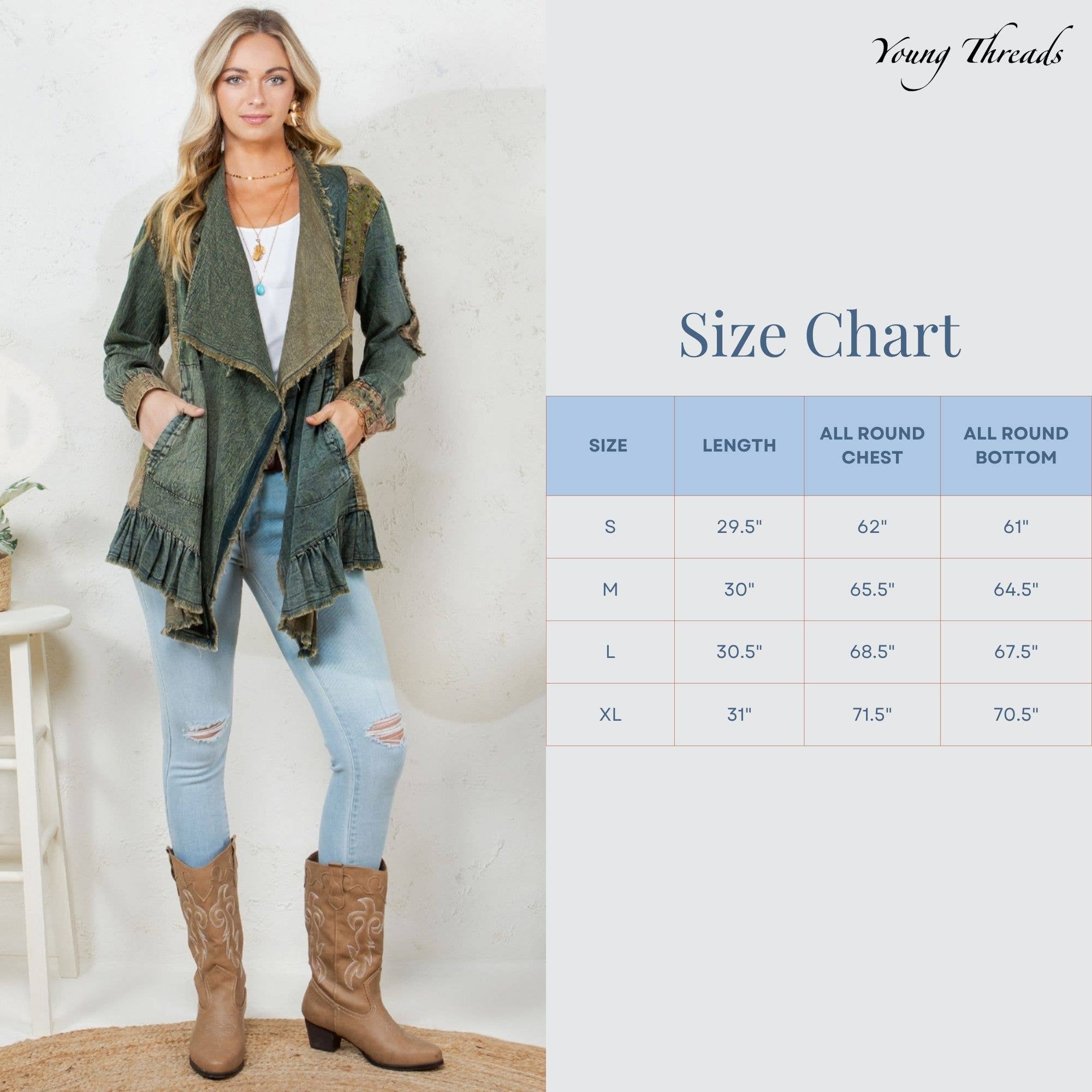 Young Threads - Wholesale Button Down Shirt - Women's - Western Boho Chic: Patched Denim Shrug ALSO IN PLUS 15