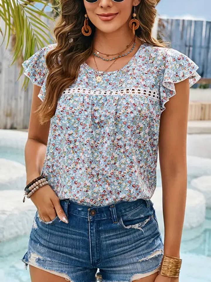 LIGHTBLUE Floral lace lace lotus sleeve blouse for wholesale on Faire