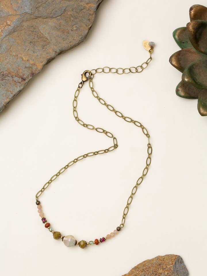 Wildflower 14.5-16.5" Wood With Holographic Czech Glass Collage Necklace for wholesale by Anne Vaughan Designs Jewelry