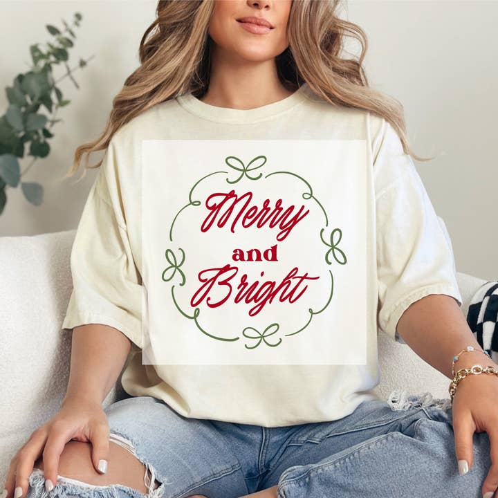Merry And Bright Bow Frame DTF TRANSFER for wholesale by Faith Forward Transfers