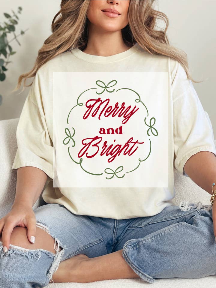 Merry And Bright Bow Frame DTF TRANSFER for wholesale by Faith Forward Transfers
