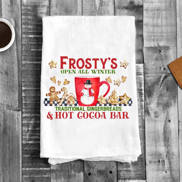Frosty's Winter Gingerbread Hot Cocoa, Cotton Tea Towels for wholesale by Avery Lane Gifts