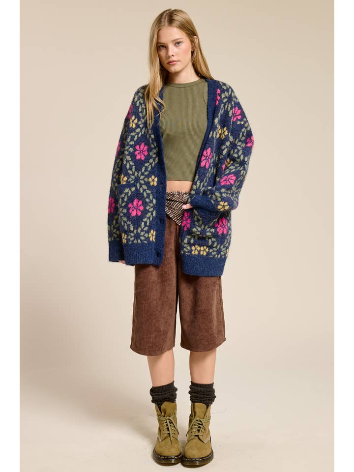 Mimosa - Wholesale Cardigan - Women's - Retro Floral Print Fuzzy Knit Cardigan5