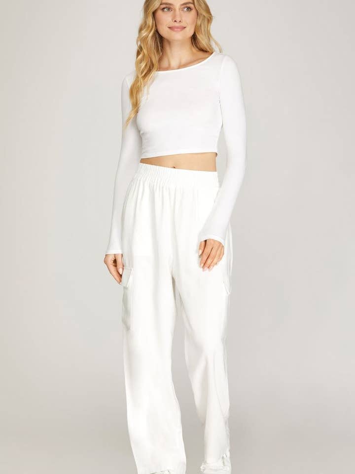 PANTALON CARGO LARGE À TAILLE ÉLASTIQUE BLANC CASSÉ SKSY4772 pour la vente par Stylish Wholesale