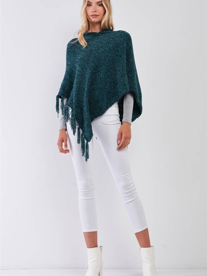 Green Chenille Knit Tassel Fringe Side Trim Hooded Poncho for wholesale on Faire2