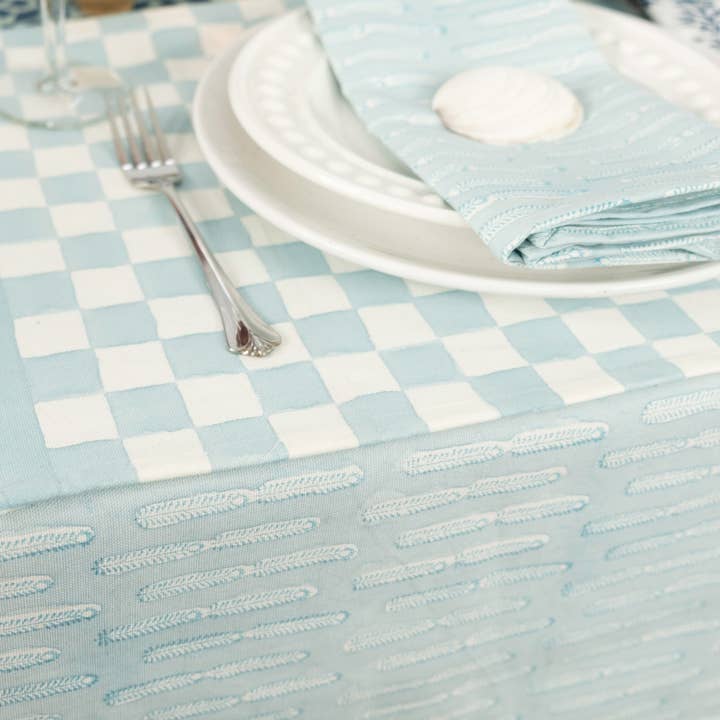 Savannah Blue Block Print Tablecloth for wholesale by ALLEM STUDIO