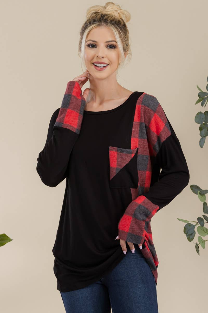 Celeste Clothing - Vendita all'ingrosso Tunica - Donna - TOP A MANICHE LUNGHE IN TARTAN PER MISSY E PLUS SIZE -CT43810B7