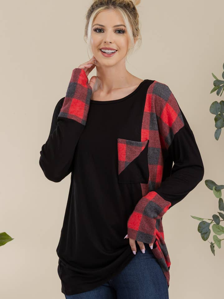 Celeste Clothing - Vendita all'ingrosso Tunica - Donna - TOP A MANICHE LUNGHE IN TARTAN PER MISSY E PLUS SIZE -CT43810B7