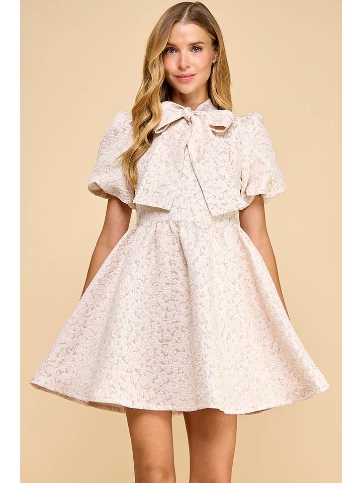 TCEC - Wholesale Dress - Women's - CD05250-Jacquard Puff Sleeve Pussy Bow Detail Dress