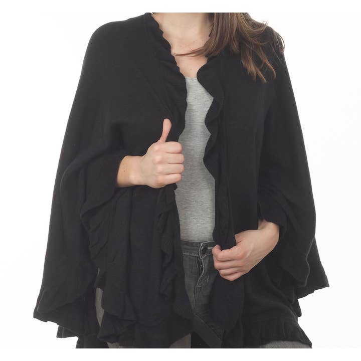 Fennco Styles – wholesale Poncho – Women's – Ruffle Trim Knit Open Front Cozy Warm Women Poncho Cape