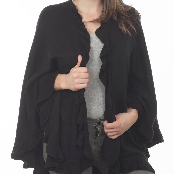 Fennco Styles - Wholesale Poncho - Women's - Ruffle Trim Knit Open Front Cozy Warm Women Poncho Cape