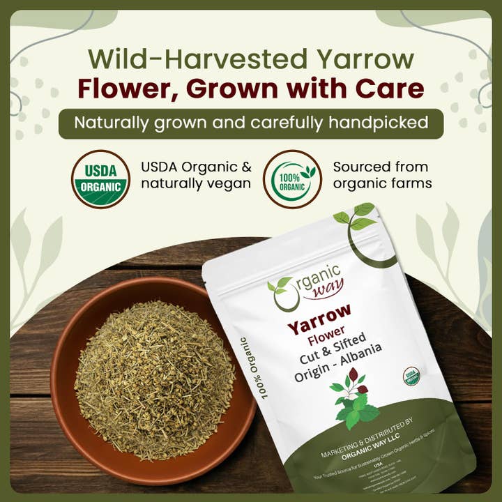 Organic Way LLC - Wholesale Herbs - Yarrow Flower Cut & Sifted (Achillea millefolium) - Herbal Tea | European Wild-Harvest | Kosher & USDA Certified | Vegan, Non-GMO & Gluten Free | 100% Raw from Albania1