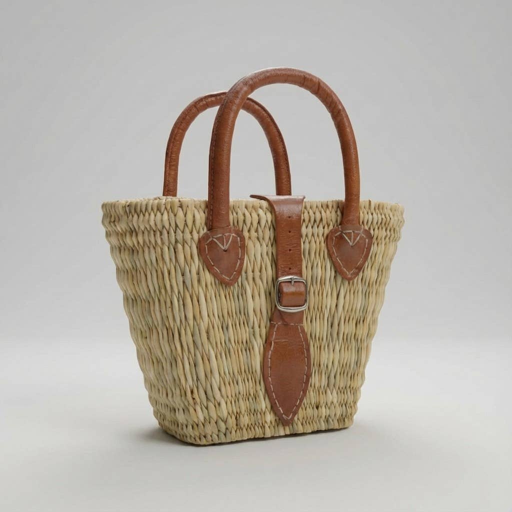 Melecraft - Wholesale Basket - Woven Reed Market Basket Leather Strap - Natural Boho Tote6