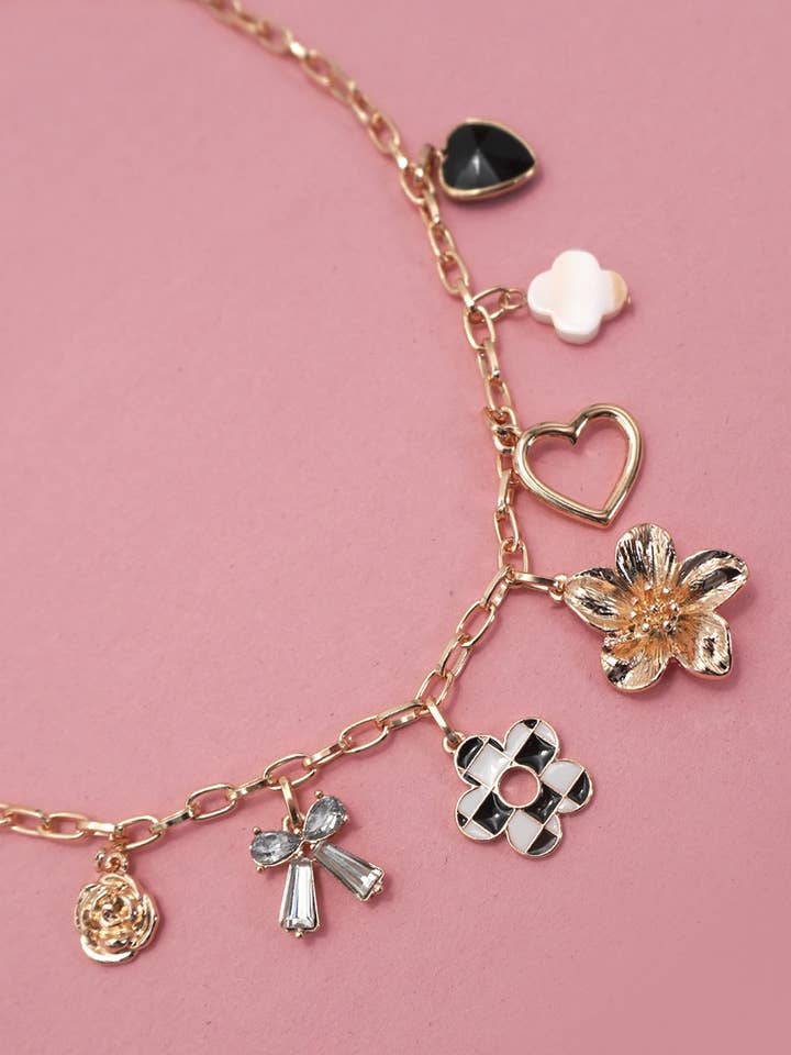 CHARM NECKLACE-BOW CHECKER HEART RHINESTONE | 80N92053 for wholesale by JOSSLYN by wall to wall