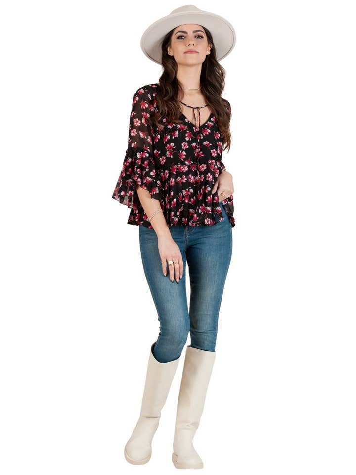 LC010079-HIBISCUS FLEURIGE BOHO BLOUSE, BLAUW/WIJN voor wholesale door Lucca Couture