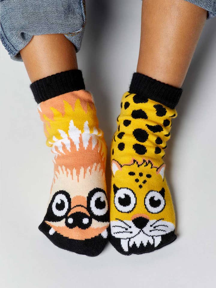 Sloth & Cheetah Mismatched Animals Non-Slip Kids Socks for wholesale by Pals Socks